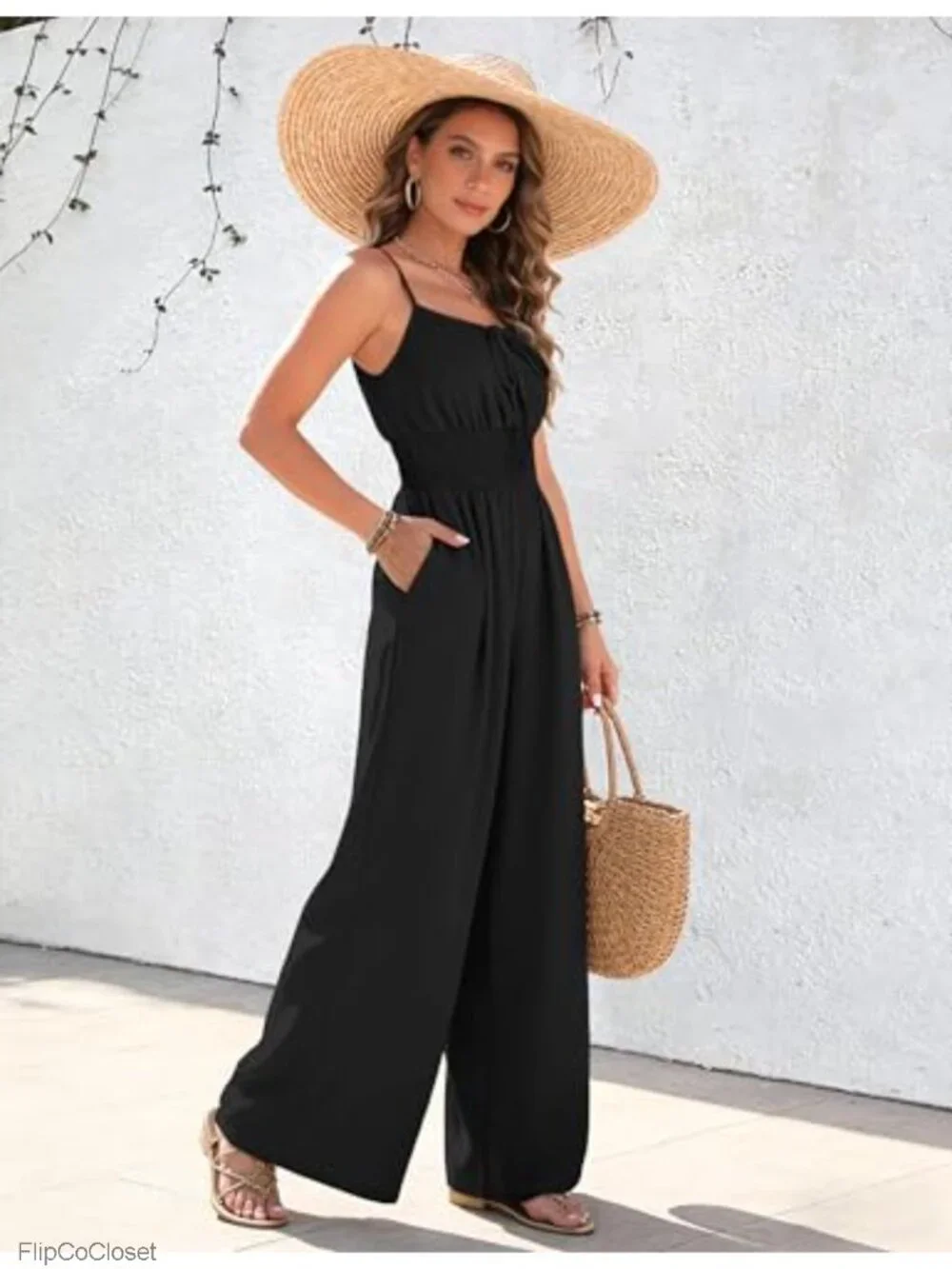 Womens Sleeveless Wide Leg Jumpsuit with Pockets Smocked Back Romper